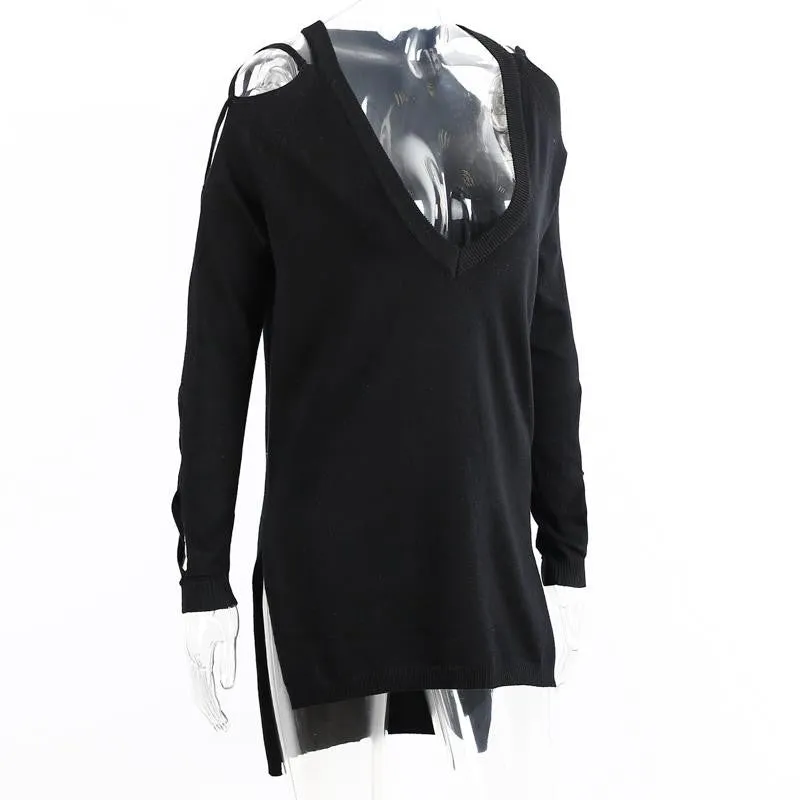 Hollow out split sweater women v neck cross sleeve knitted pullover christmas chic black party tops female
