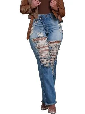 HuiSiFang Womens Ripped Straight Leg High Waisted Y2k Jeans Distressed Stretchy Tassel Jeans Streetwear Blue