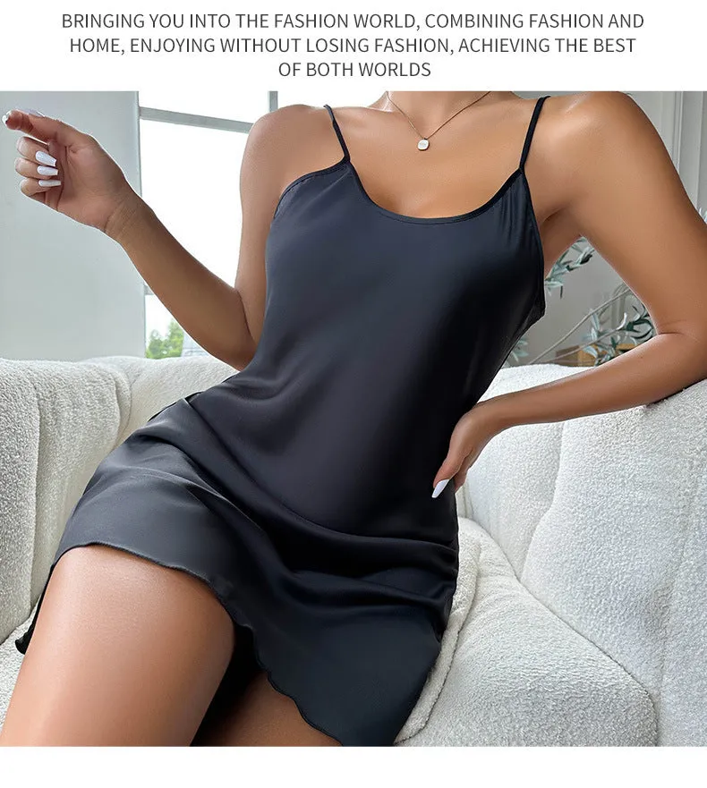 Ice Silk Nightdress Sexy Backless Leopard Hanging Pajamas Thin