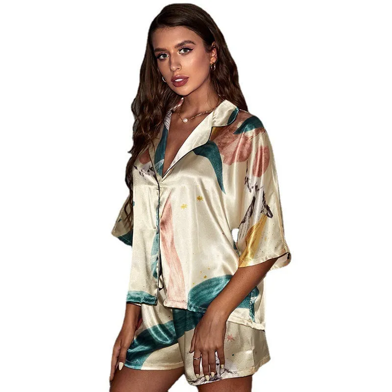 Ice Silk Pajamas Women's Fashion Casual Short Sleeve Two-piece Set