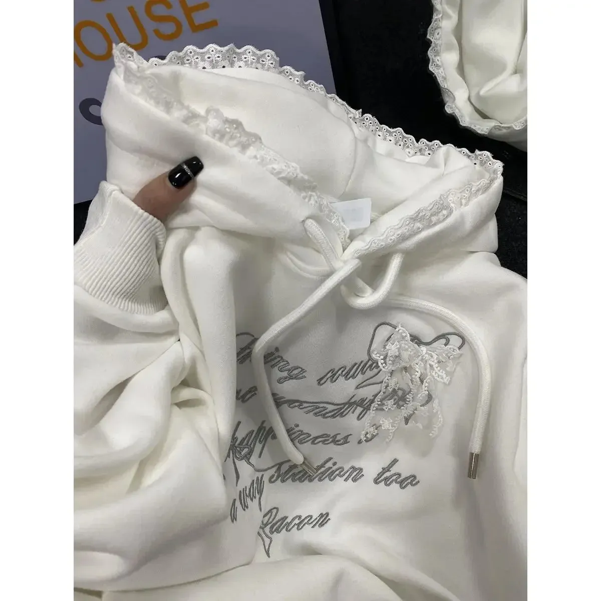 JazzHer 2025 Spring New Sweet Lace Splicing Embroidered Hoodie Women Clothing Plush Korean Fashion Chic Casual Sweatshirt Women Tops