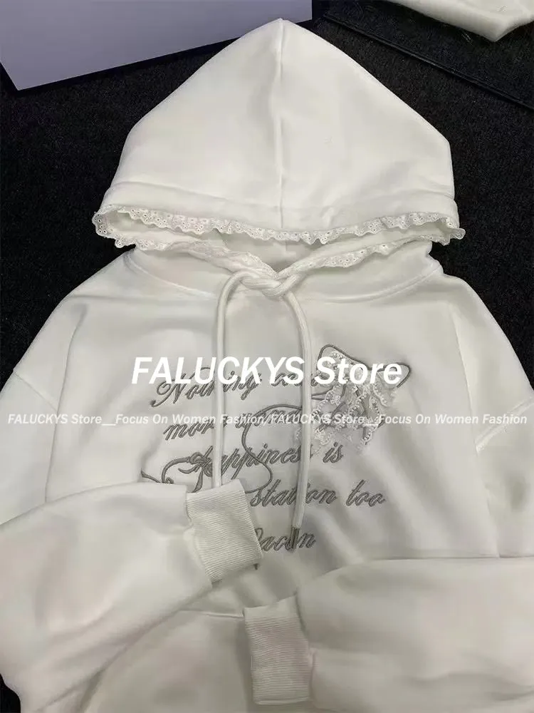 JazzHer 2025 Spring New Sweet Lace Splicing Embroidered Hoodie Women Clothing Plush Korean Fashion Chic Casual Sweatshirt Women Tops