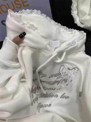 JazzHer 2025 Spring New Sweet Lace Splicing Embroidered Hoodie Women Clothing Plush Korean Fashion Chic Casual Sweatshirt Women Tops
