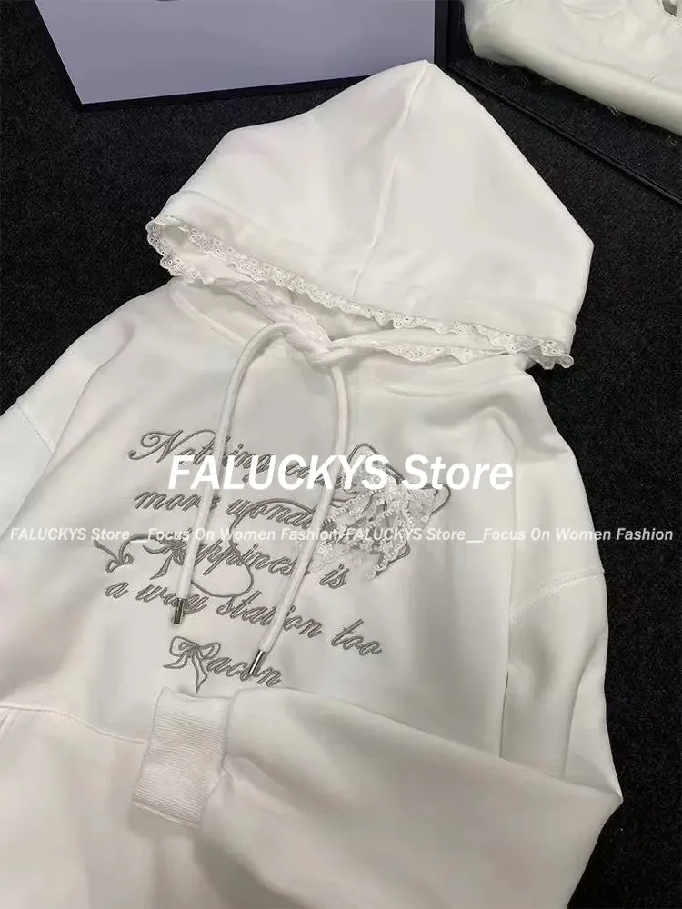 JazzHer 2025 Spring New Sweet Lace Splicing Embroidered Hoodie Women Clothing Plush Korean Fashion Chic Casual Sweatshirt Women Tops