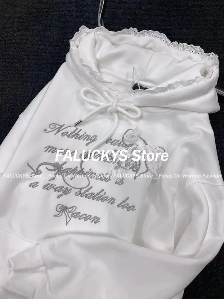 JazzHer 2025 Spring New Sweet Lace Splicing Embroidered Hoodie Women Clothing Plush Korean Fashion Chic Casual Sweatshirt Women Tops
