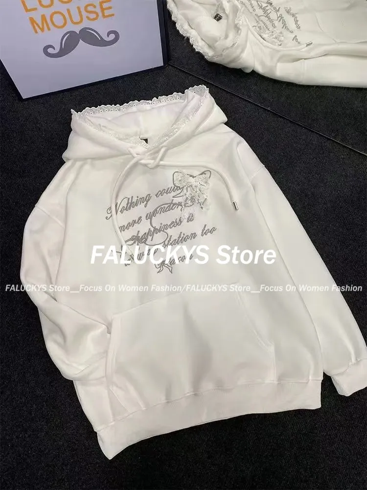 JazzHer 2025 Spring New Sweet Lace Splicing Embroidered Hoodie Women Clothing Plush Korean Fashion Chic Casual Sweatshirt Women Tops
