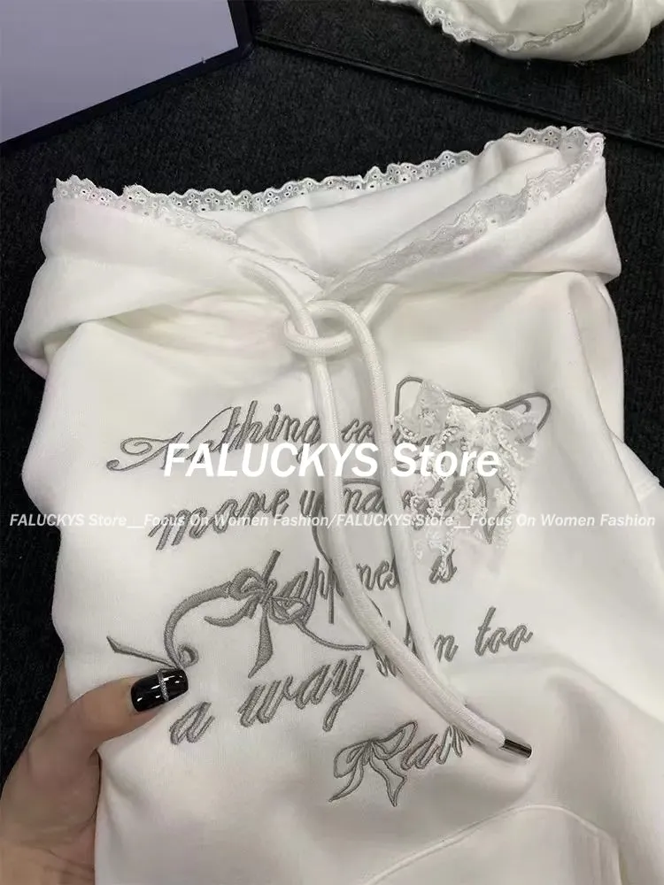JazzHer 2025 Spring New Sweet Lace Splicing Embroidered Hoodie Women Clothing Plush Korean Fashion Chic Casual Sweatshirt Women Tops