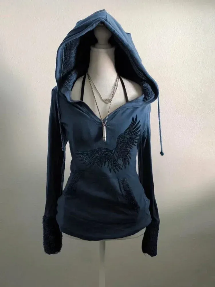 JazzHer American Vintage Grey Long Sleeved T-shirt Autumn Fashion Original Old Style Hoodie Y2k High Street Slim Women Tops Chic