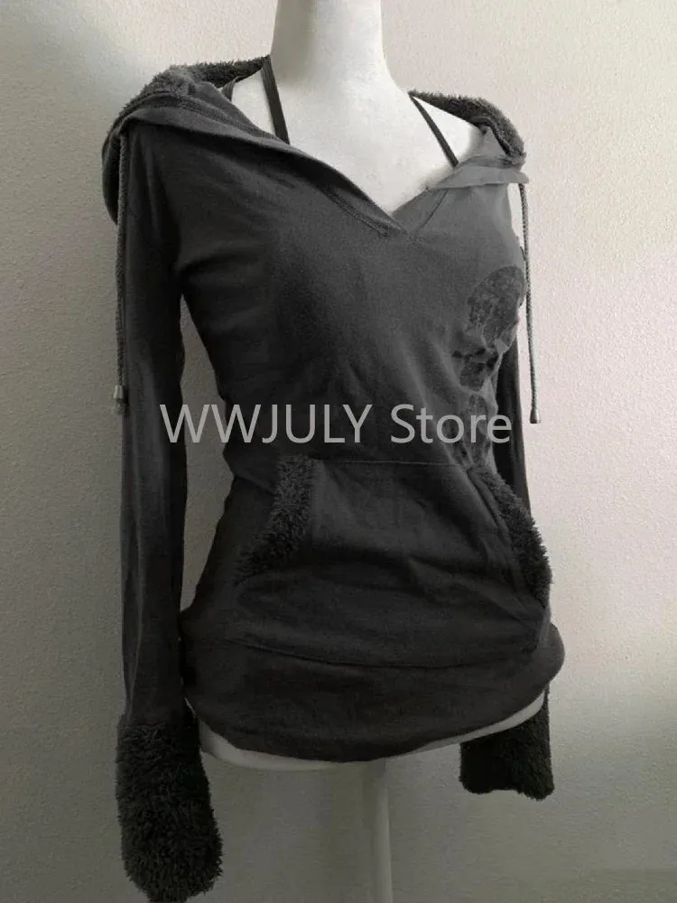 JazzHer American Vintage Grey Long Sleeved T-shirt Autumn Fashion Original Old Style Hoodie Y2k High Street Slim Women Tops Chic