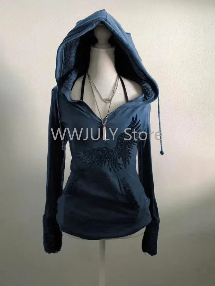 JazzHer American Vintage Grey Long Sleeved T-shirt Autumn Fashion Original Old Style Hoodie Y2k High Street Slim Women Tops Chic