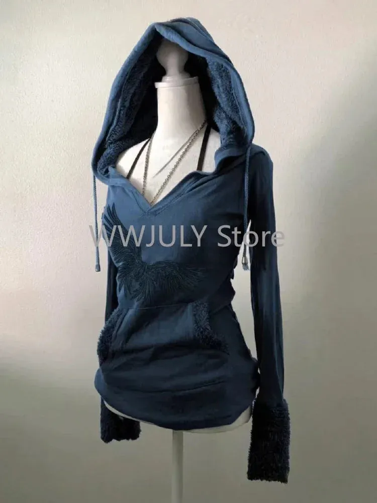 JazzHer American Vintage Grey Long Sleeved T-shirt Autumn Fashion Original Old Style Hoodie Y2k High Street Slim Women Tops Chic