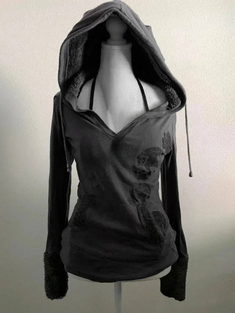 JazzHer American Vintage Grey Long Sleeved T-shirt Autumn Fashion Original Old Style Hoodie Y2k High Street Slim Women Tops Chic