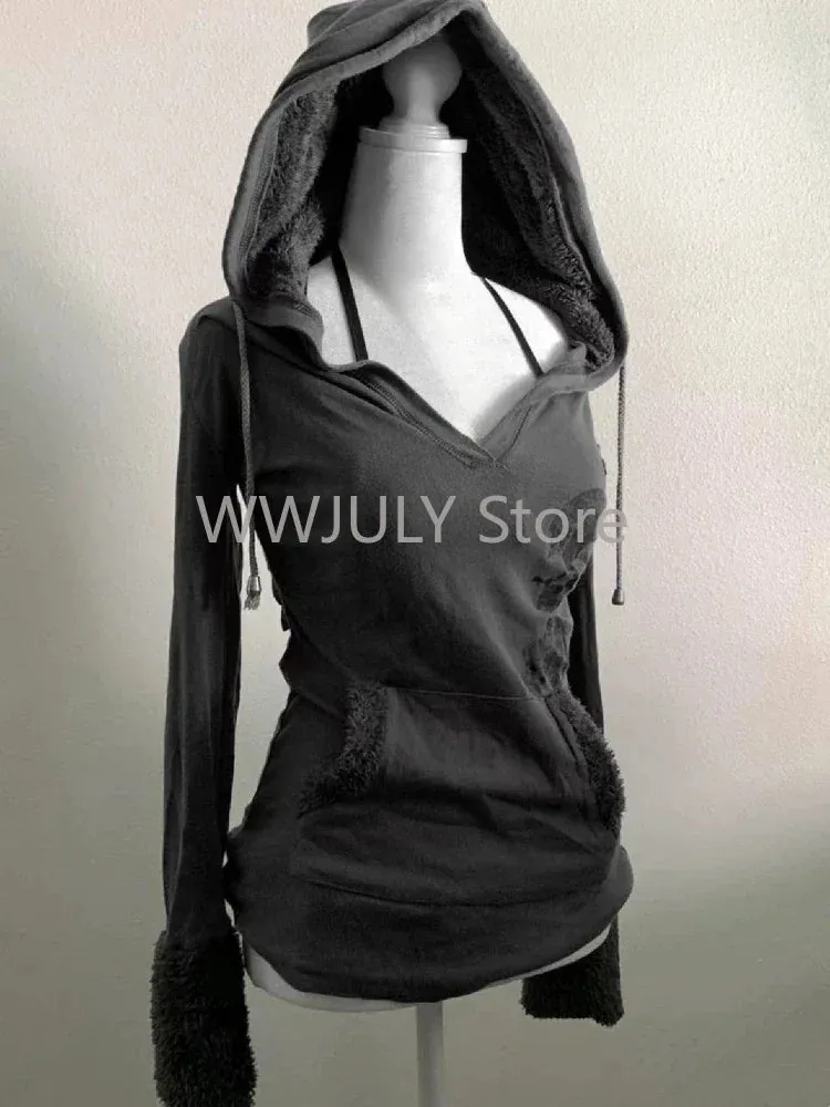 JazzHer American Vintage Grey Long Sleeved T-shirt Autumn Fashion Original Old Style Hoodie Y2k High Street Slim Women Tops Chic