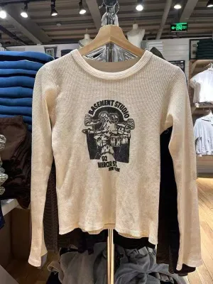 JazzHer Casual Women Beige Drum Printed Waffle Tees 2025 Spring-autumn Fashion Ladies Retro O Neck Long Sleeve Female Chic Pullovers