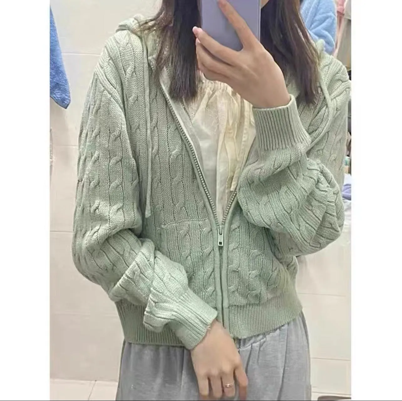 JazzHer Green Korean Chic Sweater Jackets Women's Autumn Winter Zipper Coat Top Casual Fashion Sweet Twist Knit Hooded Outerwear