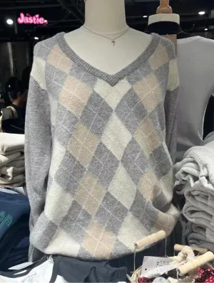 JazzHer Khaki Gray American Retro V-neck Winter Sweater Geometric Patterns Loose Street Y2K Women Tops Chic Knitting Autumn Pullovers