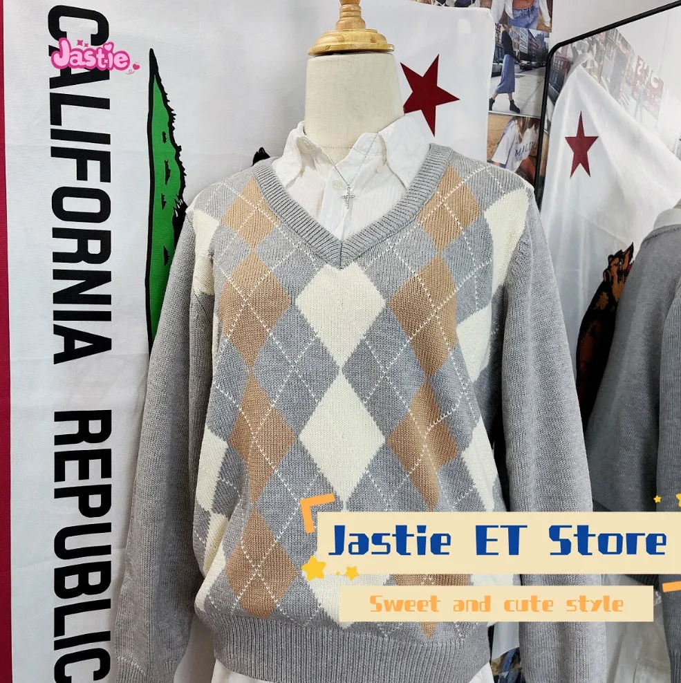 JazzHer Khaki Gray American Retro V-neck Winter Sweater Geometric Patterns Loose Street Y2K Women Tops Chic Knitting Autumn Pullovers