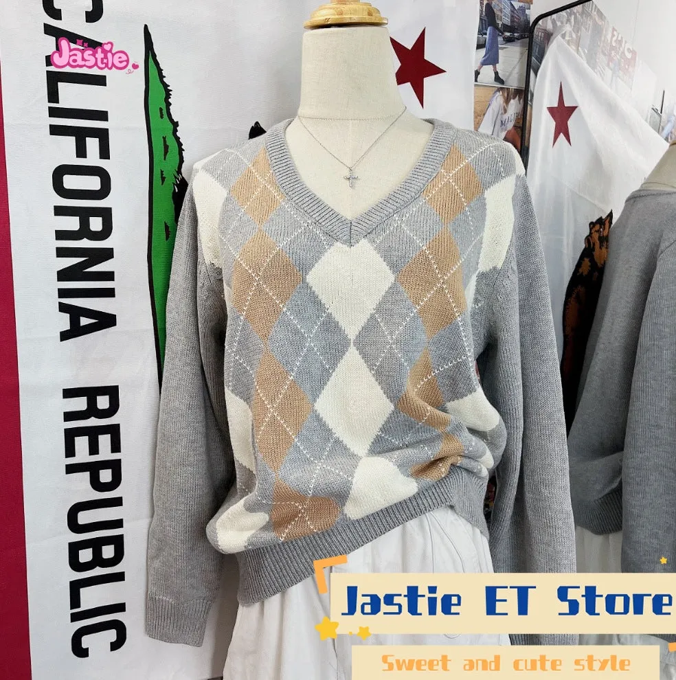 JazzHer Khaki Gray American Retro V-neck Winter Sweater Geometric Patterns Loose Street Y2K Women Tops Chic Knitting Autumn Pullovers