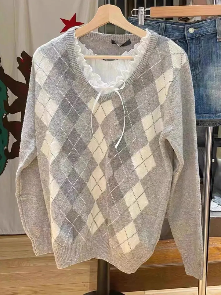 JazzHer Khaki Gray American Retro V-neck Winter Sweater Geometric Patterns Loose Street Y2K Women Tops Chic Knitting Autumn Pullovers