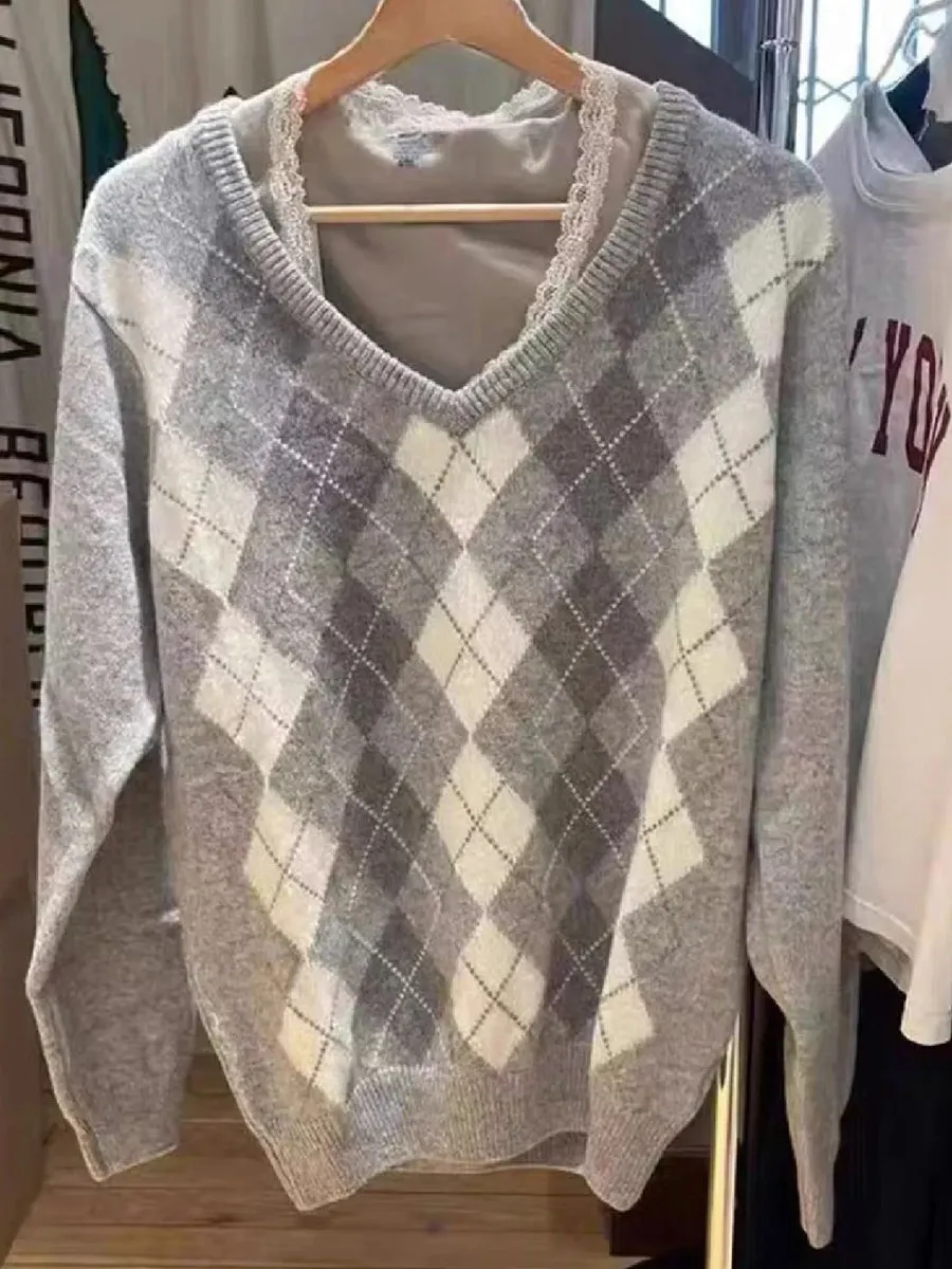 JazzHer Khaki Gray American Retro V-neck Winter Sweater Geometric Patterns Loose Street Y2K Women Tops Chic Knitting Autumn Pullovers