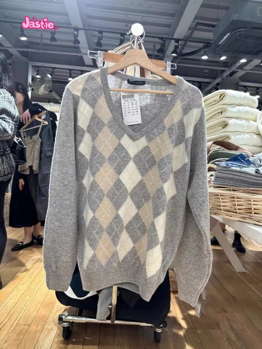 JazzHer Khaki Gray American Retro V-neck Winter Sweater Geometric Patterns Loose Street Y2K Women Tops Chic Knitting Autumn Pullovers