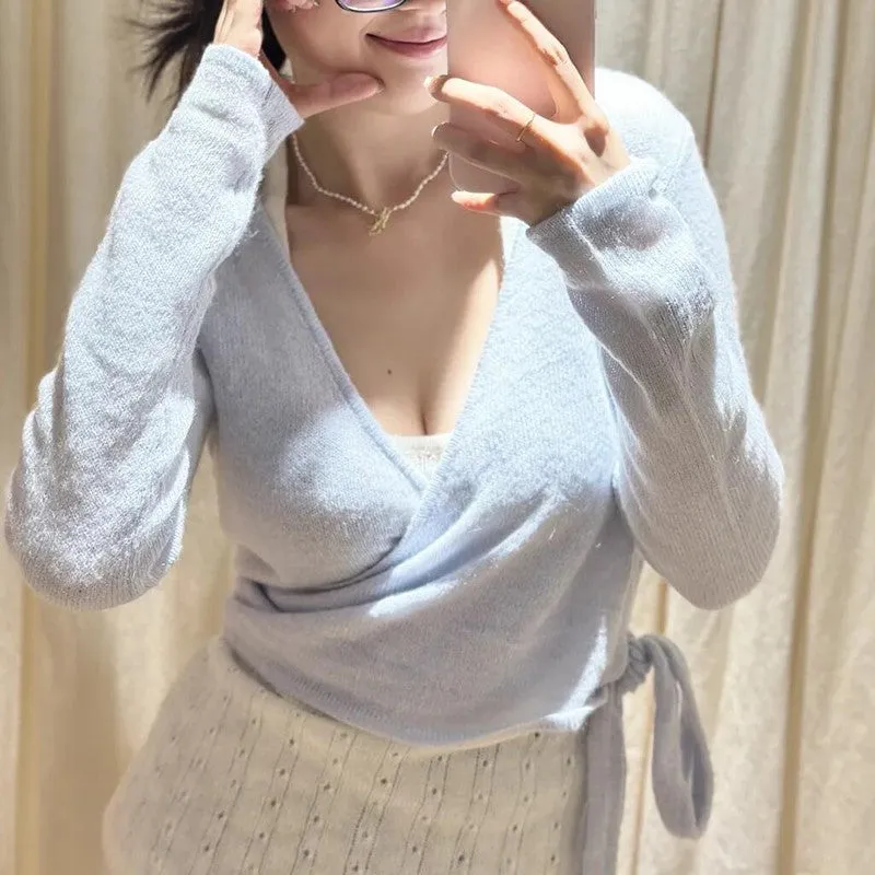 JazzHer Lace-up Autumn Sweet Chic Sweater For Women V-neck Long Sleeve Slim Winter Pullovers Solid Pink Sweet Knitting Top Woman New