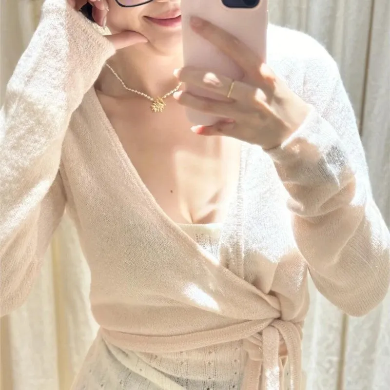 JazzHer Lace-up Autumn Sweet Chic Sweater For Women V-neck Long Sleeve Slim Winter Pullovers Solid Pink Sweet Knitting Top Woman New