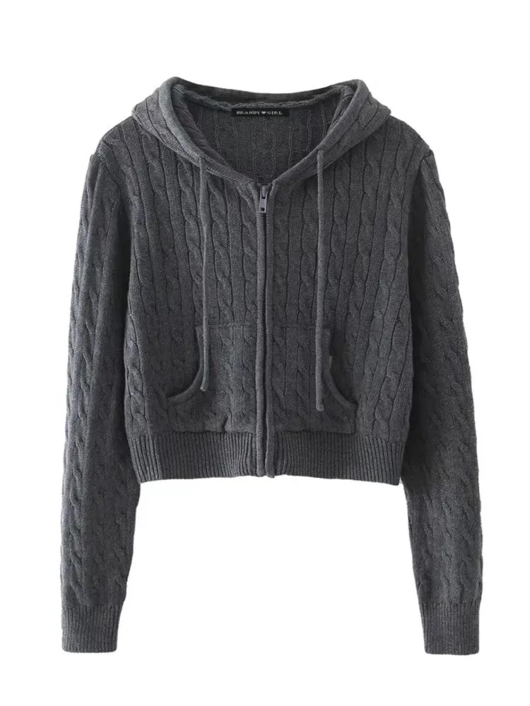 JazzHer Navy Gray Retro Sweater Jackets Women's Autumn Winter Zipper Hoodie Coat Top Streetwear Fashion Chic Twist Knit Outerwear