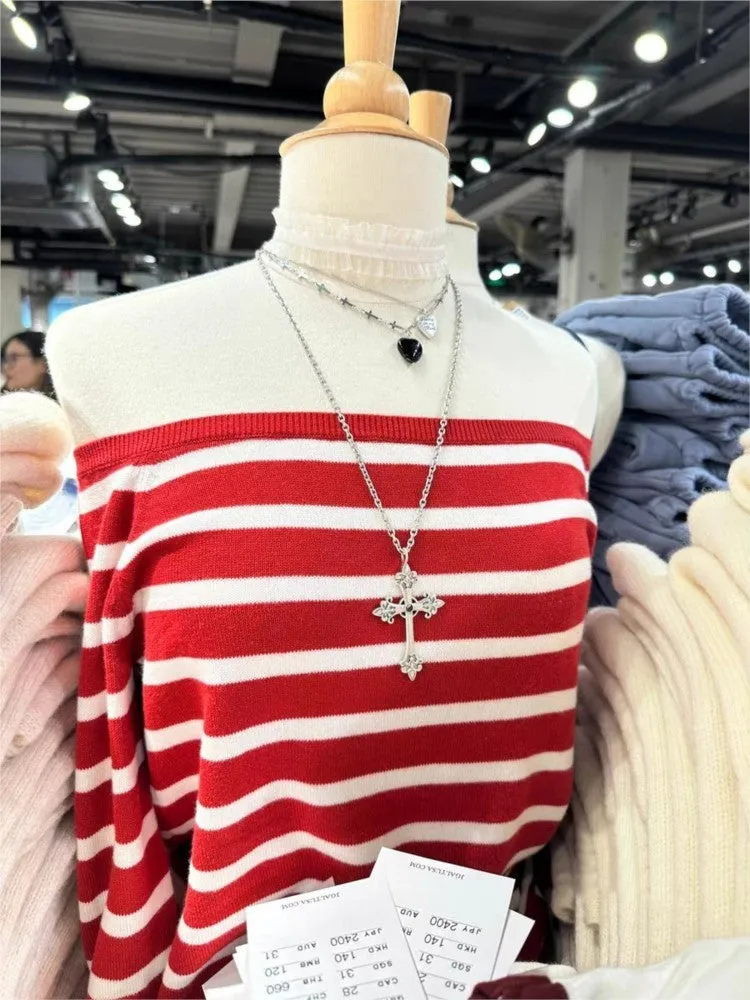 JazzHer Sweet Red Striped Knit Sweater Women Autumn New Casual Slash Neck Long Sleeve Pullovers Preppy Style Streetwear Chic Y2K Sweater