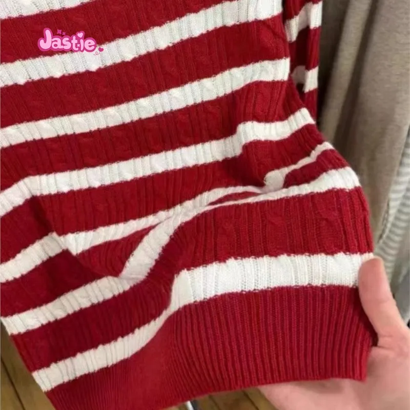 JazzHer Twists Knitting White Red Winter Sweater Large Collar Long Sleeve Casual Knitting Pullovers Sweet Chic Tops Woman 2025 New