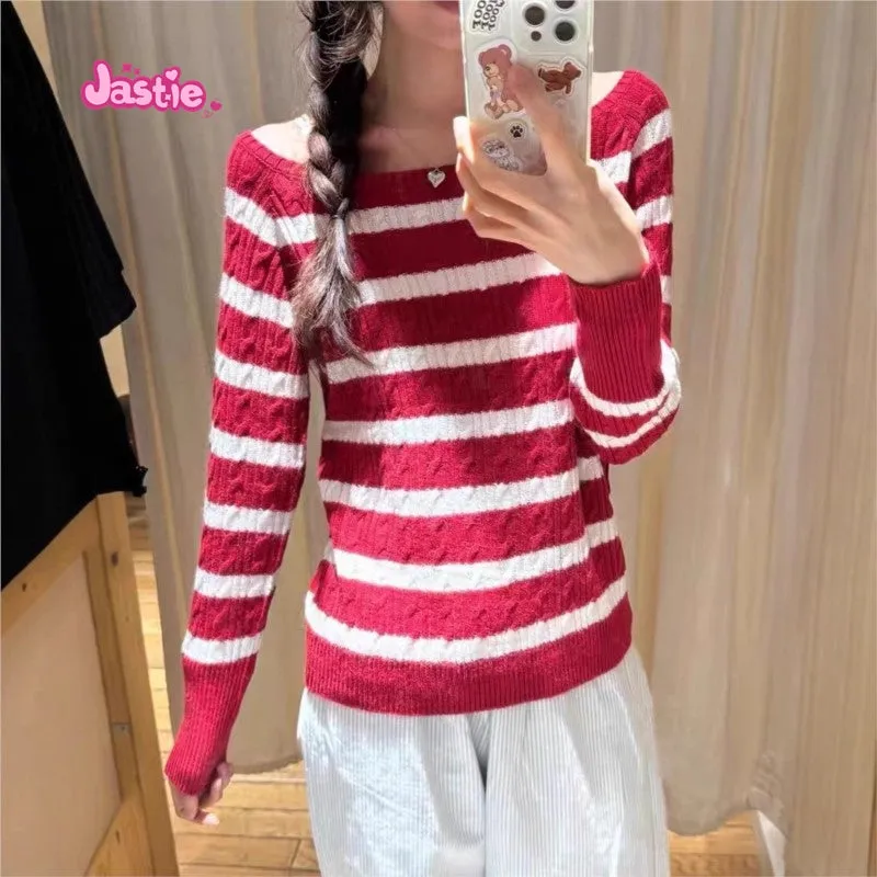 JazzHer Twists Knitting White Red Winter Sweater Large Collar Long Sleeve Casual Knitting Pullovers Sweet Chic Tops Woman 2025 New