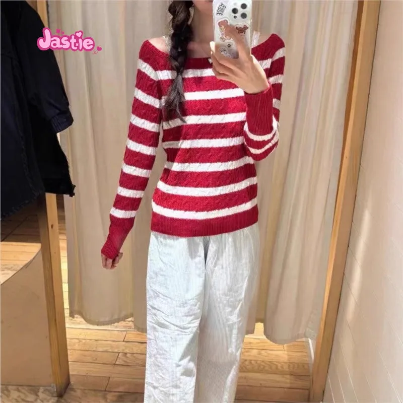 JazzHer Twists Knitting White Red Winter Sweater Large Collar Long Sleeve Casual Knitting Pullovers Sweet Chic Tops Woman 2025 New