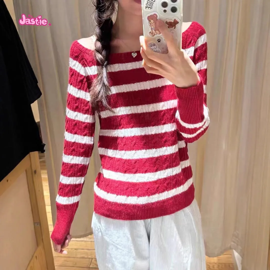 JazzHer Twists Knitting White Red Winter Sweater Large Collar Long Sleeve Casual Knitting Pullovers Sweet Chic Tops Woman 2025 New