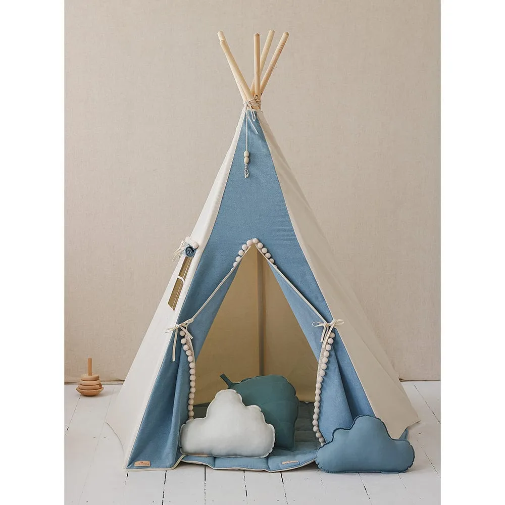 Jeans Teepee With Pompoms - Blue