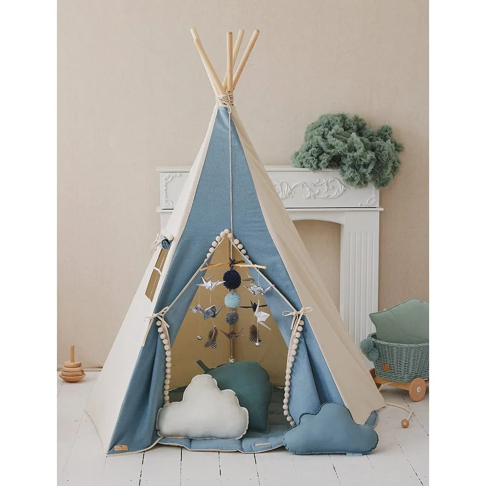 Jeans Teepee With Pompoms - Blue