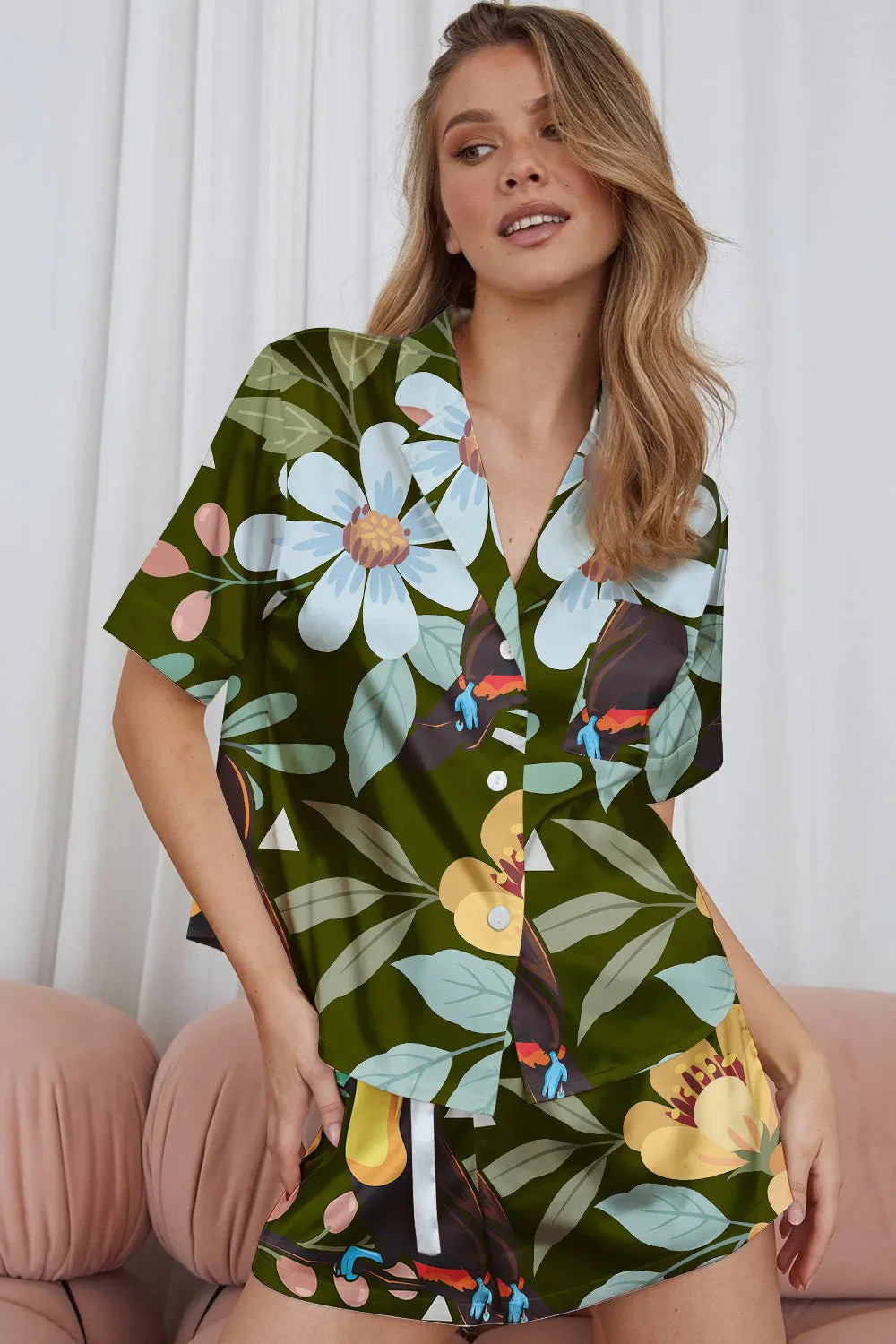 Jungle Whimsy – Playful Tropical Floral Satin Pajama Set