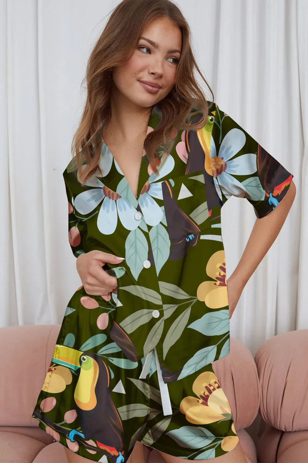 Jungle Whimsy – Playful Tropical Floral Satin Pajama Set