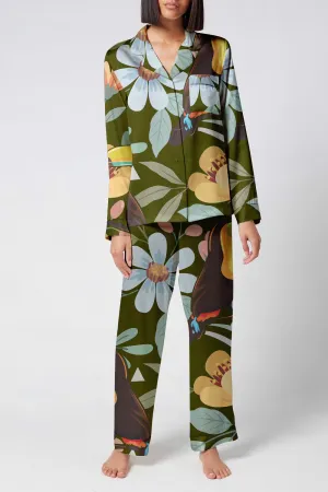 Jungle Whimsy – Playful Tropical Floral Satin Pajama Set