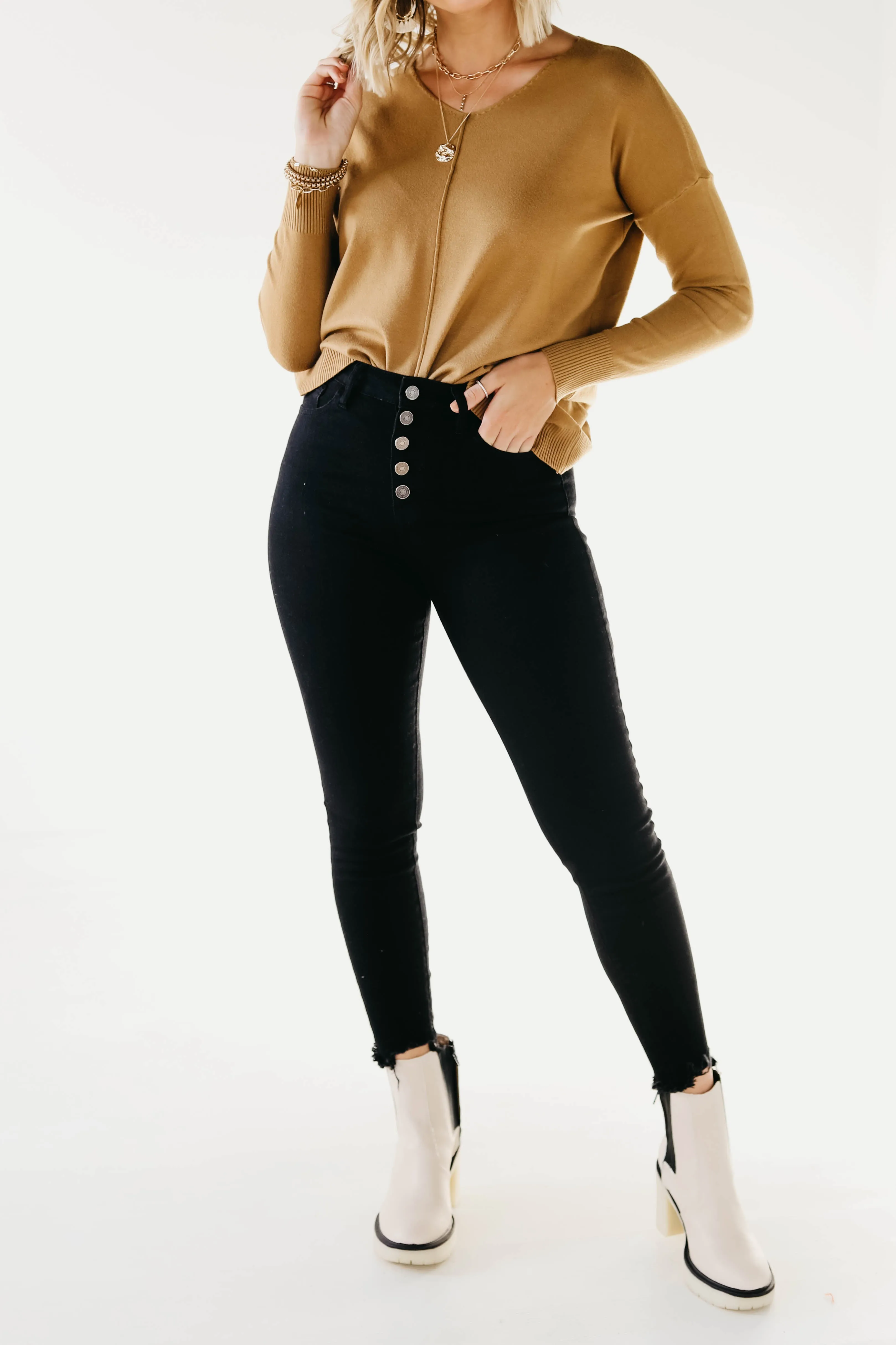 Kan Can 11 Inch High Rise Button Skinny Denim - KC7273BK