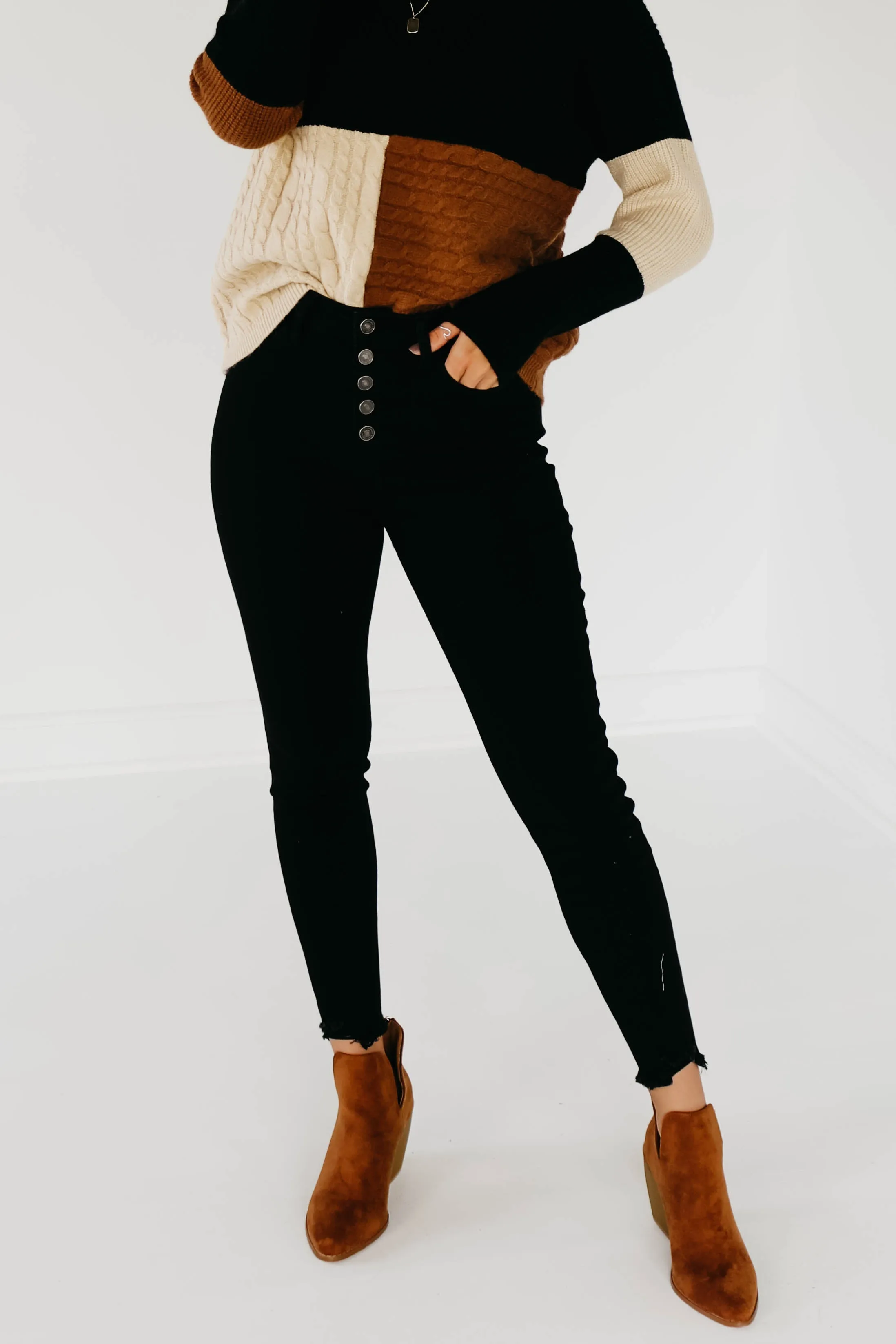 Kan Can 11 Inch High Rise Button Skinny Denim - KC7273BK
