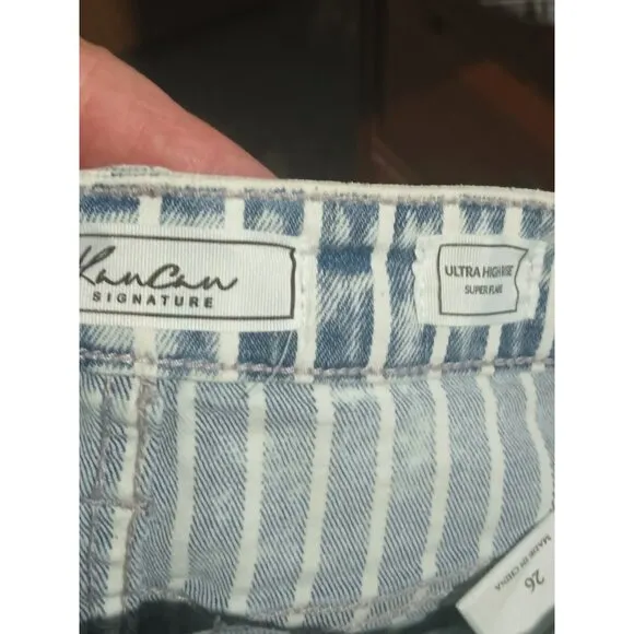 KanCan 26 Ultra High Rise Super Flare Jeans Raw Hem Striped 26 x 33