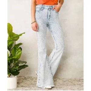 KanCan 26 Ultra High Rise Super Flare Jeans Raw Hem Striped 26 x 33
