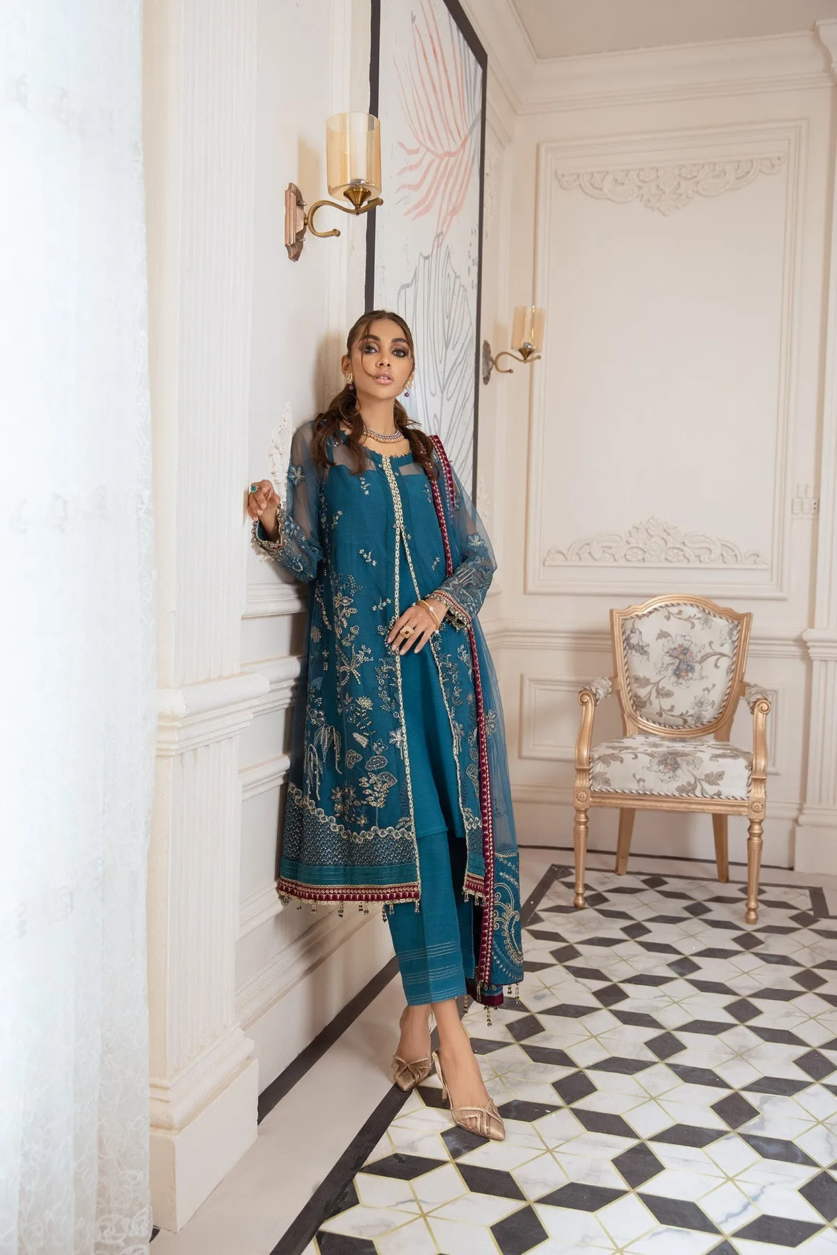 Latest Gown Dress Pakistani in Turquoise Shade #PF389
