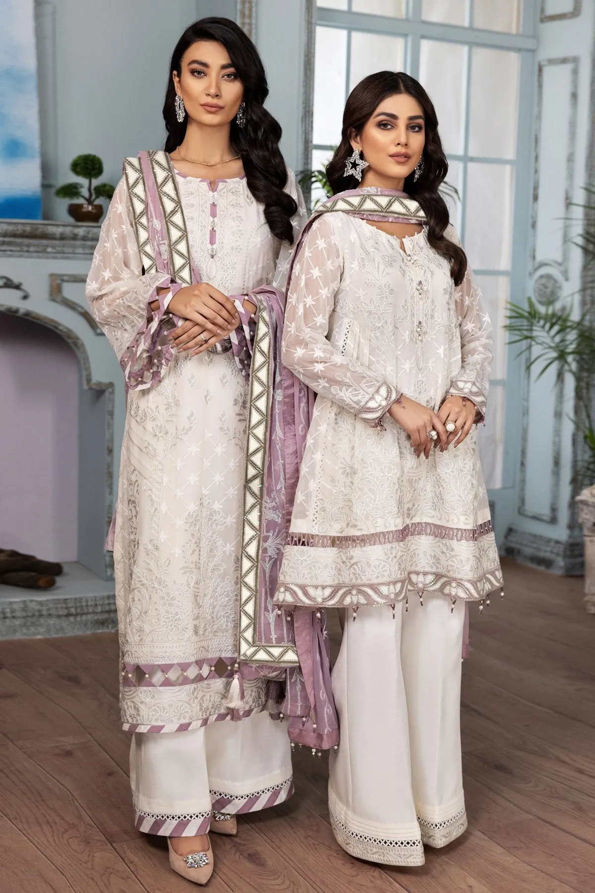 Latest White Salwar Kameez with Lilac Dupatta #PF292