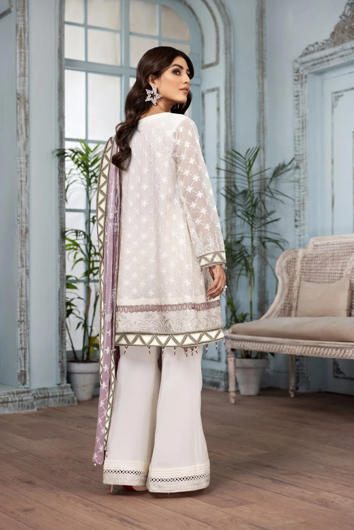 Latest White Salwar Kameez with Lilac Dupatta #PF292