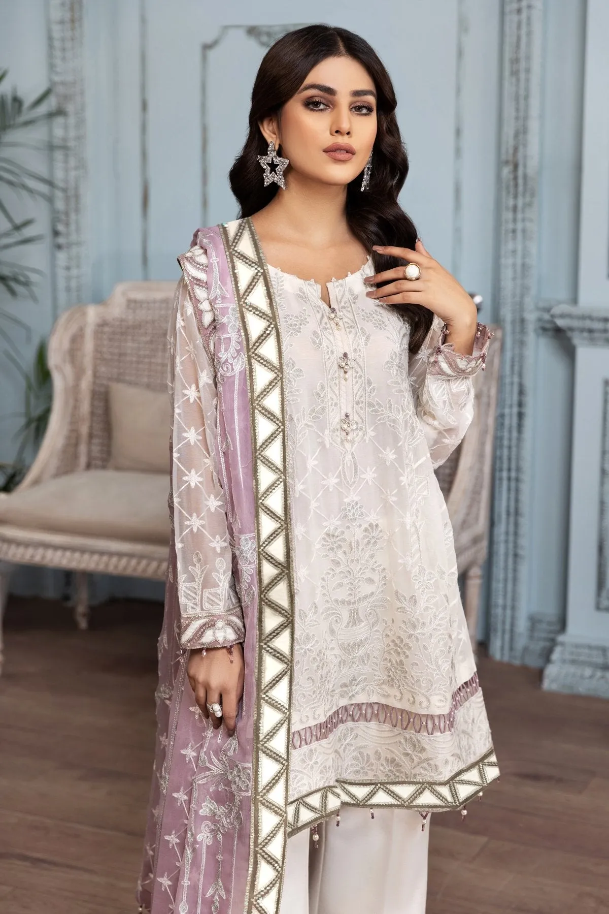 Latest White Salwar Kameez with Lilac Dupatta #PF292
