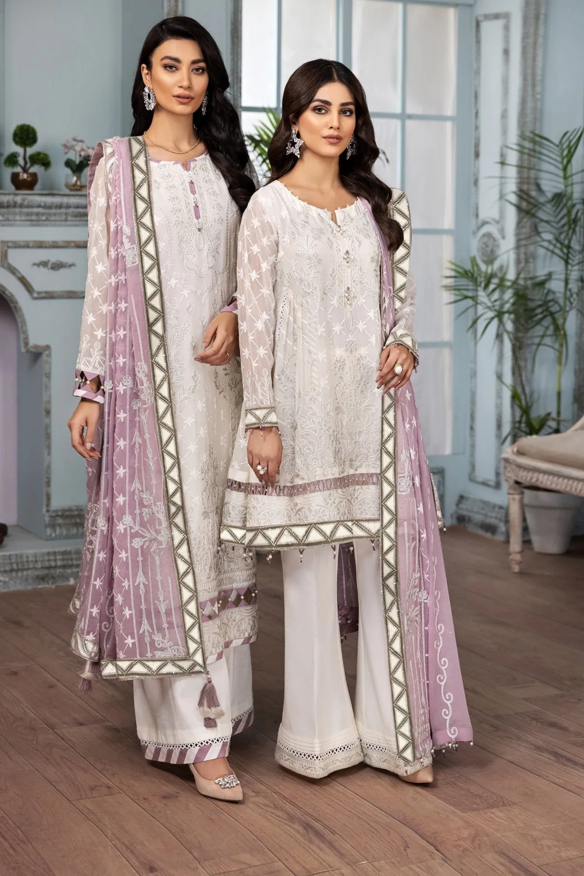 Latest White Salwar Kameez with Lilac Dupatta #PF292