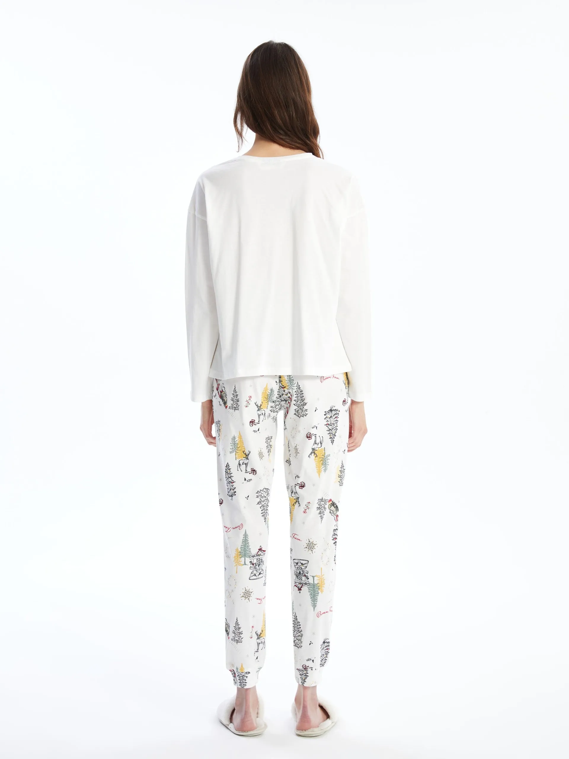 Lcw Dream Ecru Crew Neck Christmas Themed Women'S Pajama Set