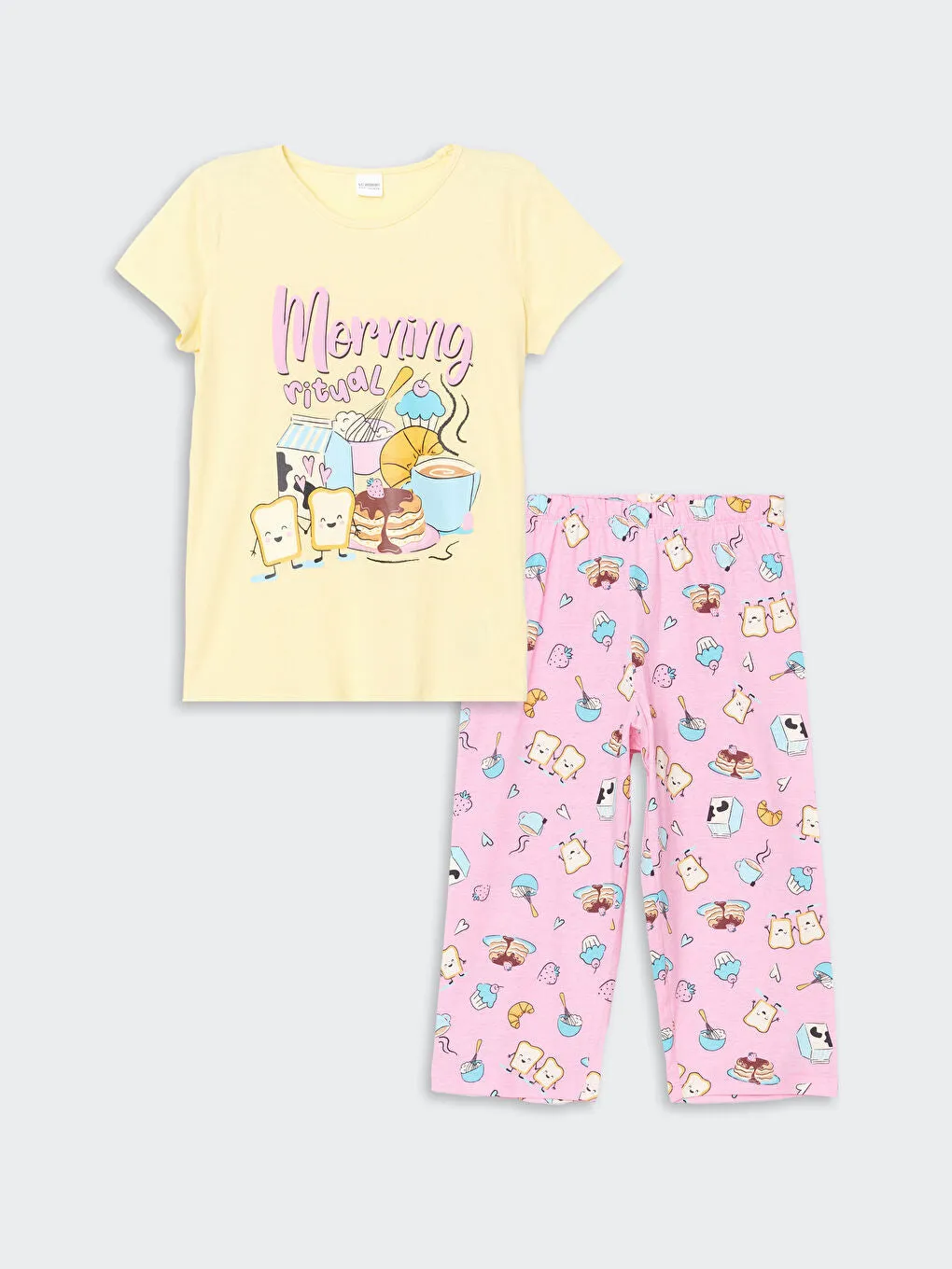 LCW Kids Yellow Crew Neck Girls Pajama Set
