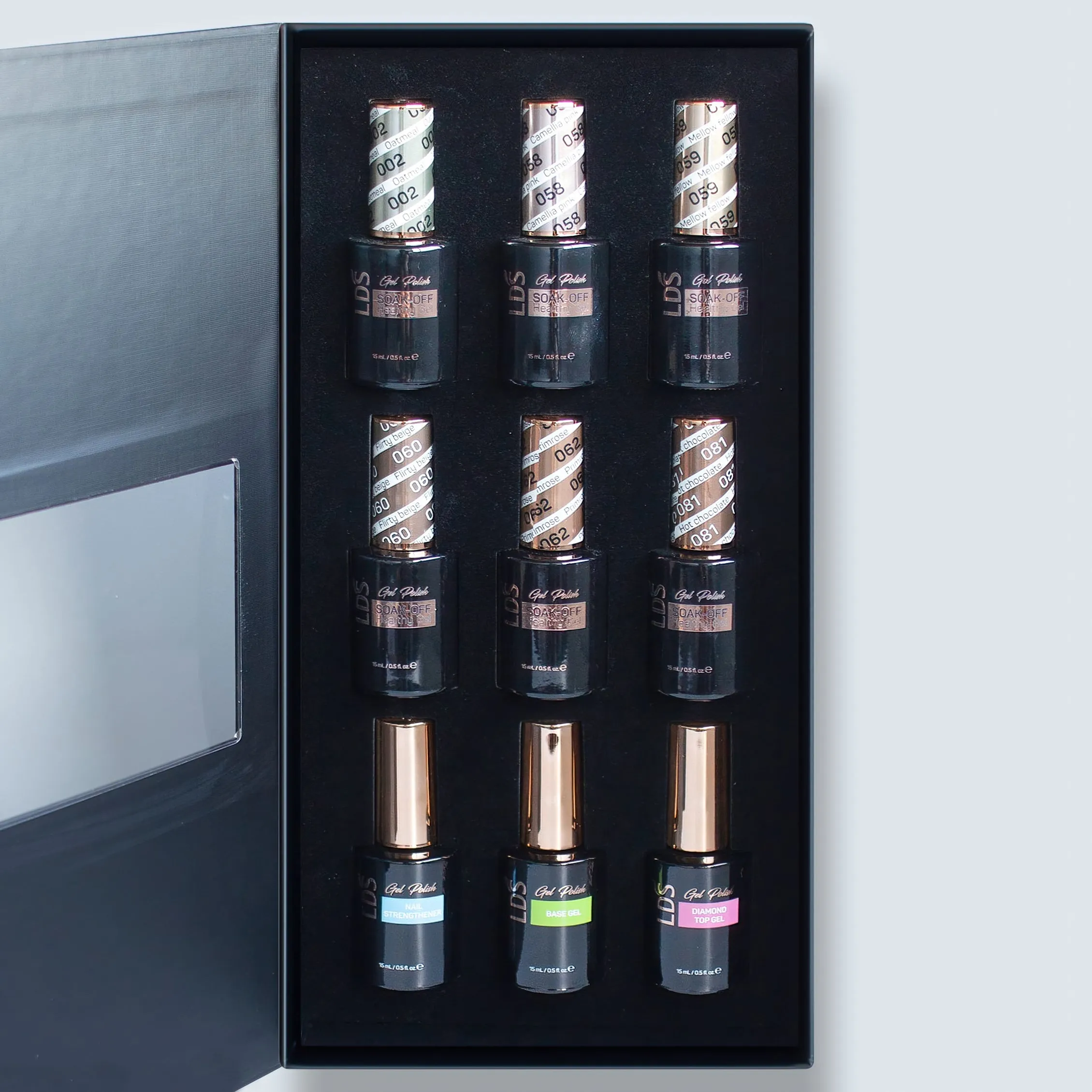 LDS Holiday Collection: 6 Healthy Gel Polishes, 1 Base Gel, 1 Top Gel, 1 Strengthener - MUSEUM MUSE -  002; 058; 059; 060; 062; 081